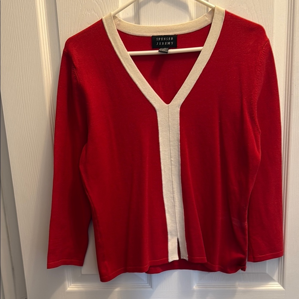 Red and Cream V-Neck Cardigan
